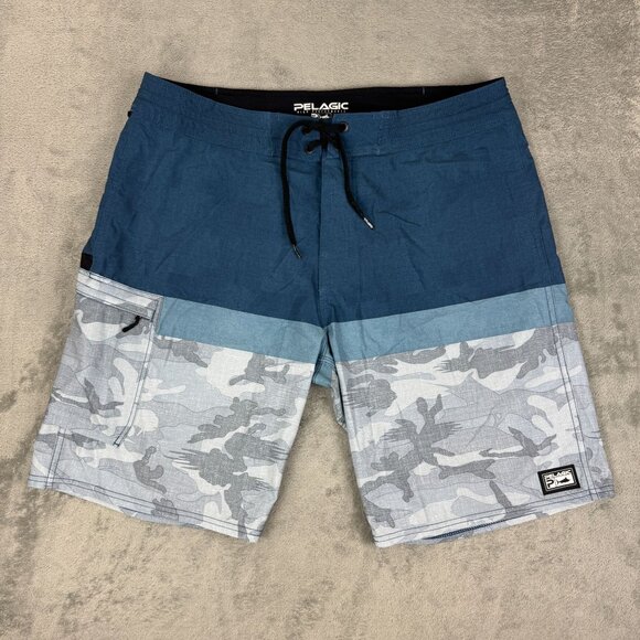 Pelagic High Performance Board Shorts Cargo Pocket Blue Camo Stretch Swim Trunks - Picture 11 of 11